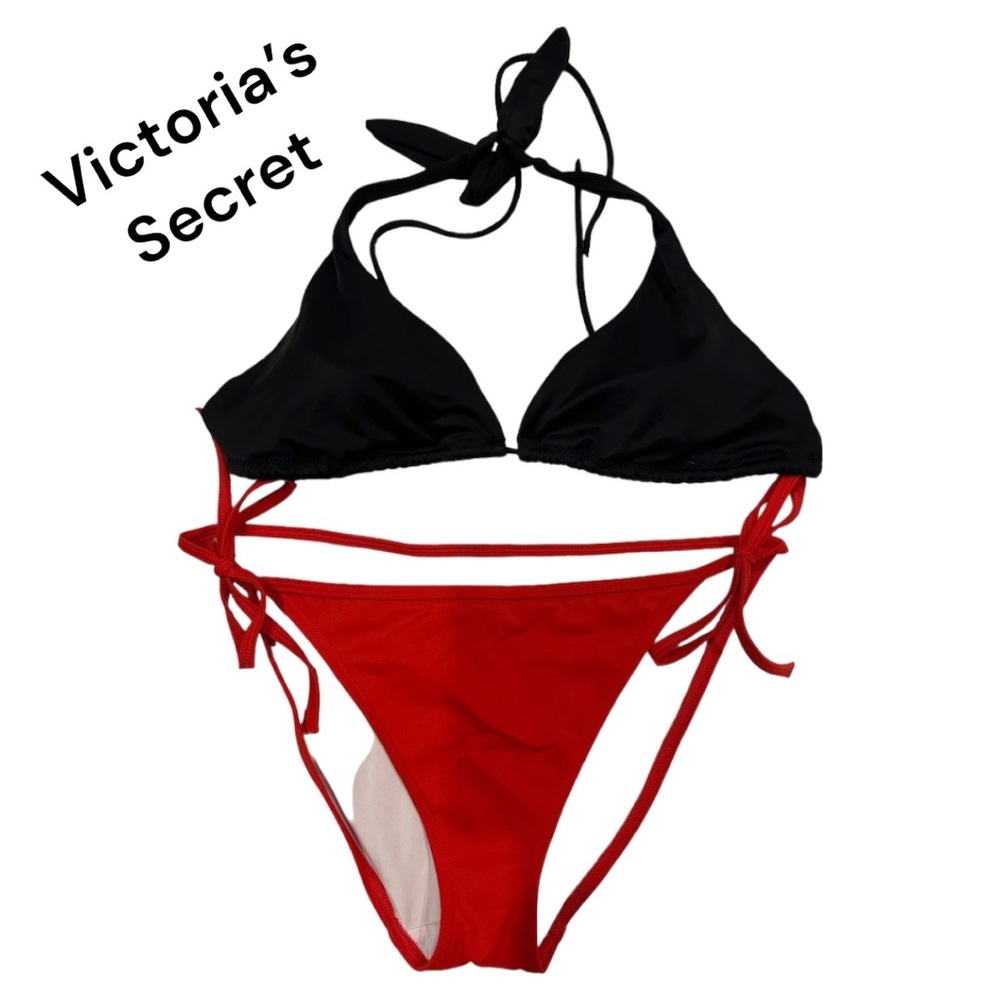Victorias Secret Red & Black 2 Piece String Bikini Bathing Suit Large